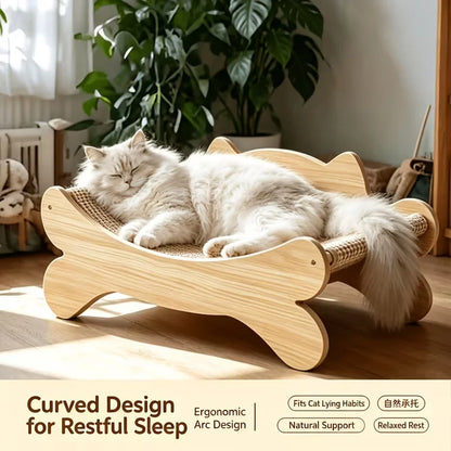Wooden Cat Scratcher Bed, Modern Curved Cat Lounge with Sisal Scratch Pad, Cozy Cat Sofa Furniture for Indoor Cats