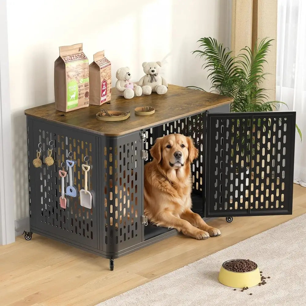 Heavy Duty Dog Crate urniture or Large and Medium Dogs, 43.7 Inch Large Dog Crate Kennel with lip Top & Cushion & Wheels, Ese Pr