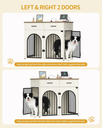 43.3" Dog Crate Furniture with Storage & Power Indoor Kennel for Large Dogs