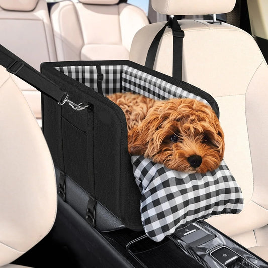 Car Pet Car Seat Portable Dog Armrest Small Dog Grid Seat with Soft Cushion Safety Belt