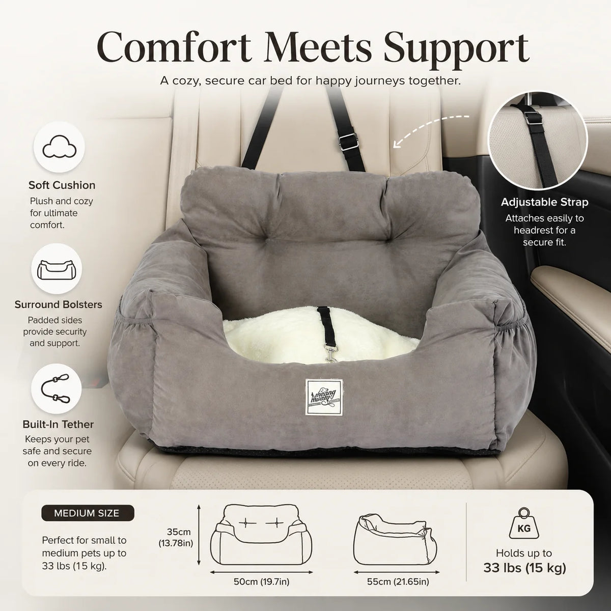 Pet Car Seat Bed for Small Dogs & Cats, Plush Dog Booster Travel Bed with Built-in Tether, Adjustable Car Strap, Soft Supportive Pet Bed for Back Seat, 55 x 50 x 35 cm