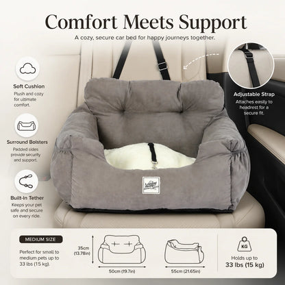 Pet Car Seat Bed for Small Dogs & Cats, Plush Dog Booster Travel Bed with Built-in Tether, Adjustable Car Strap, Soft Supportive Pet Bed for Back Seat, 55 x 50 x 35 cm