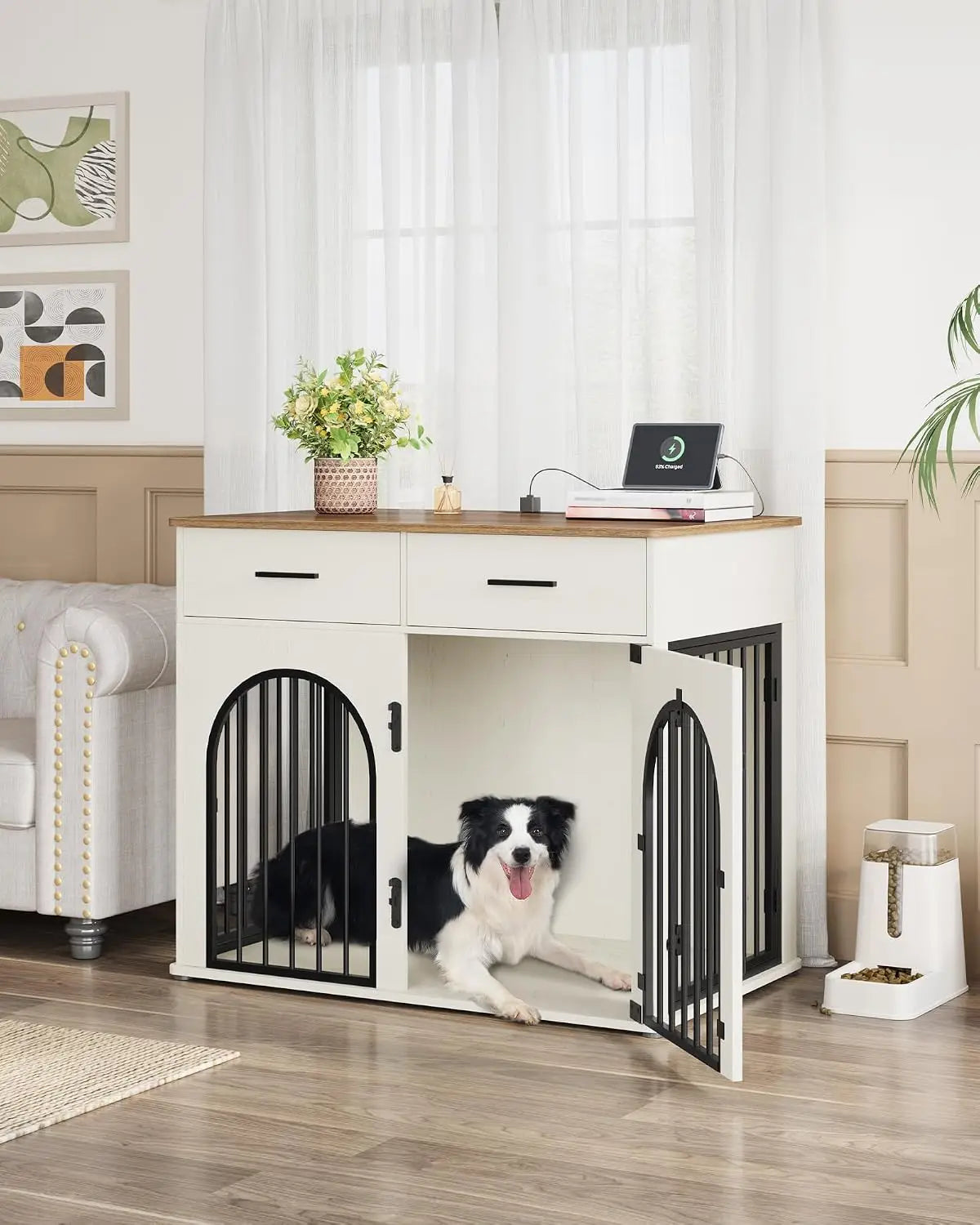 43.3" Dog Crate Furniture with Storage & Power Indoor Kennel for Large Dogs