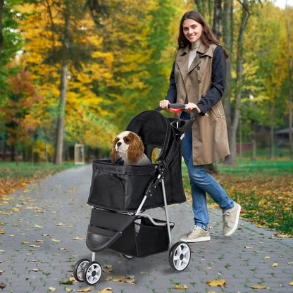 Dog Stroller 3/4-Wheels w/Storage Basket & Cup Holder Foldable Cat Pet Stroller