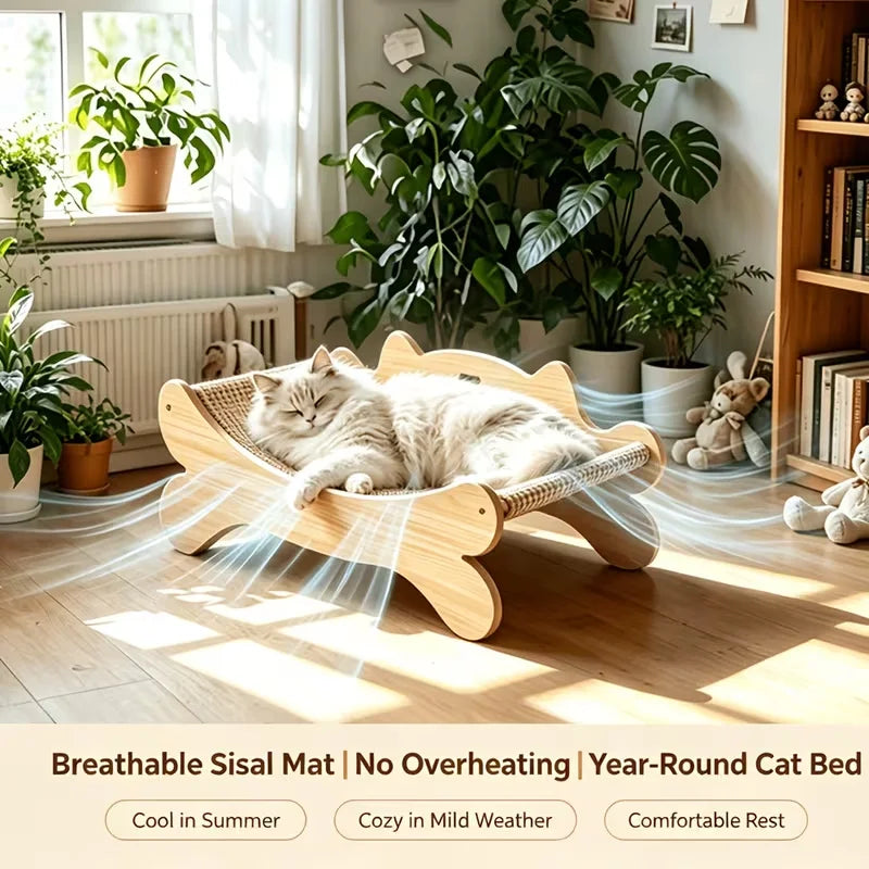 Wooden Cat Scratcher Bed, Modern Curved Cat Lounge with Sisal Scratch Pad, Cozy Cat Sofa Furniture for Indoor Cats