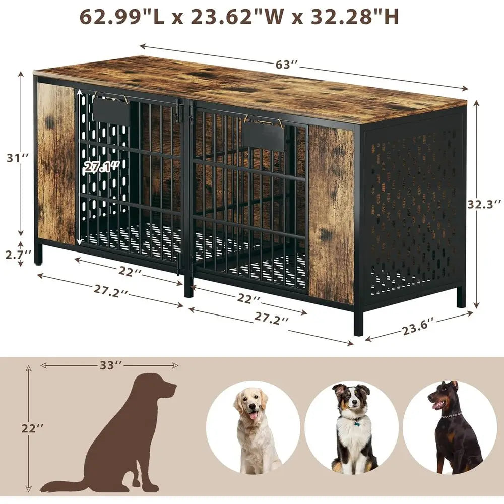 63" Large Double Dog Kennel urniture or 2 Dogs – Extra Sturdy XXL Metal & Wooden Medium Dog Cage with Removable Divider, Dual Do