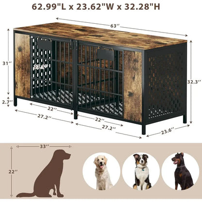 63" Large Double Dog Kennel urniture or 2 Dogs – Extra Sturdy XXL Metal & Wooden Medium Dog Cage with Removable Divider, Dual Do
