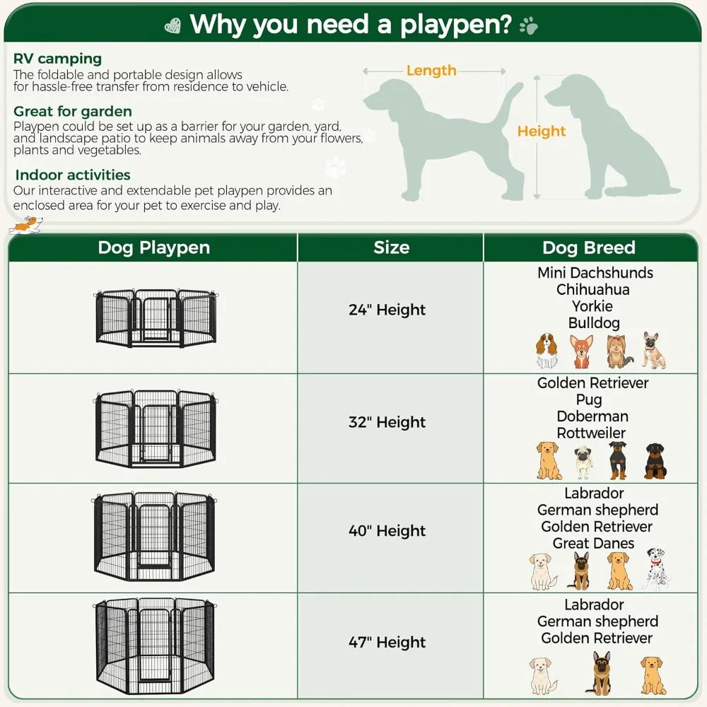 40 Inch 8 Panels Dog Playpen,Portable Metal Fence with Secure Latch,Heavy Duty Frame,Indoor Yard & Camping Use, Custom