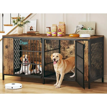63" Large Double Dog Kennel urniture or 2 Dogs – Extra Sturdy XXL Metal & Wooden Medium Dog Cage with Removable Divider, Dual Do