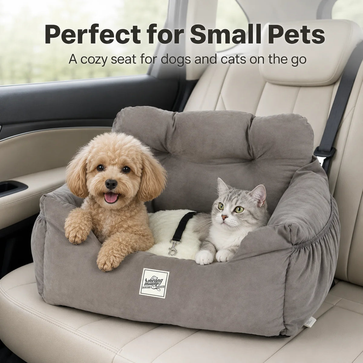 Pet Car Seat Bed for Small Dogs & Cats, Plush Dog Booster Travel Bed with Built-in Tether, Adjustable Car Strap, Soft Supportive Pet Bed for Back Seat, 55 x 50 x 35 cm