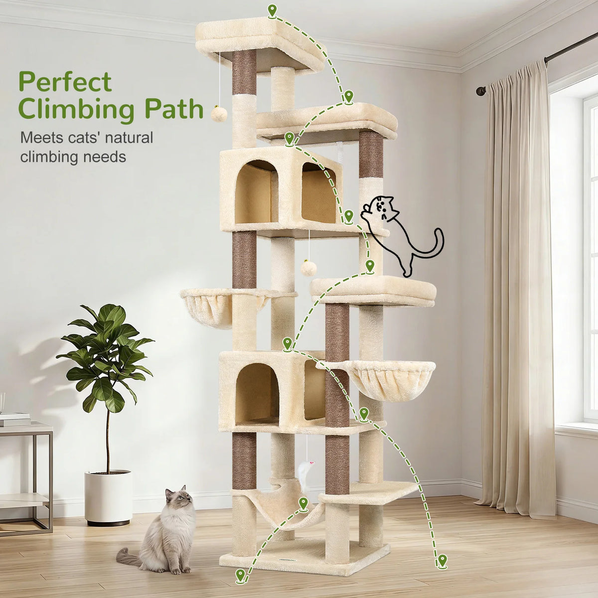 Globlazer 82" Large Cat Tree Tower for Indoor Cats, Multi-Level Cat Climbing Activity Center with 2 Condos, 2 Hammocks, 3 Perches, 8 Sisal Scratching Posts for Multi-Cat Household
