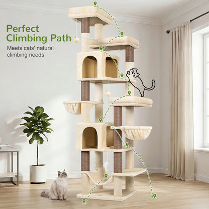 Globlazer 82" Large Cat Tree Tower for Indoor Cats, Multi-Level Cat Climbing Activity Center with 2 Condos, 2 Hammocks, 3 Perches, 8 Sisal Scratching Posts for Multi-Cat Household