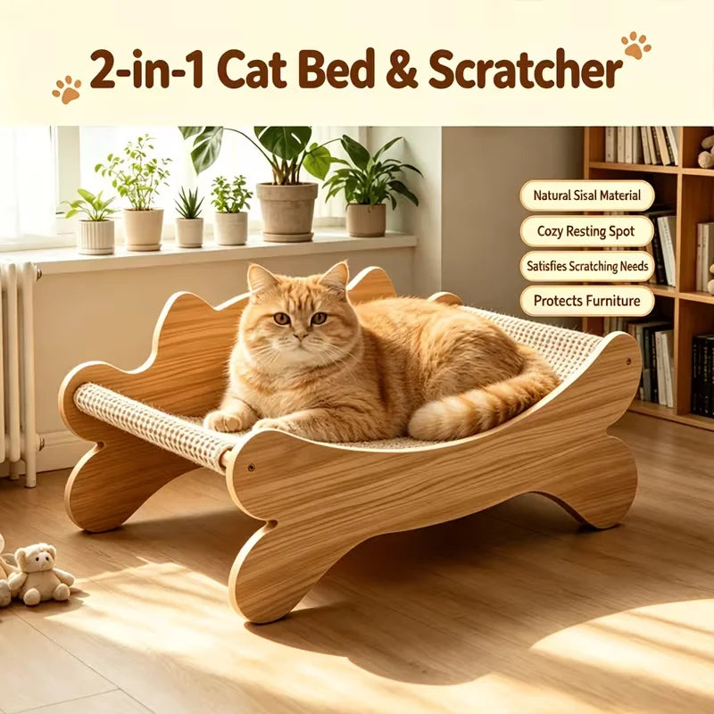 Wooden Cat Scratcher Bed, Modern Curved Cat Lounge with Sisal Scratch Pad, Cozy Cat Sofa Furniture for Indoor Cats