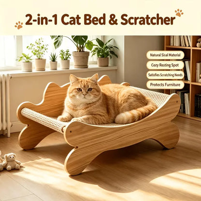 Wooden Cat Scratcher Bed, Modern Curved Cat Lounge with Sisal Scratch Pad, Cozy Cat Sofa Furniture for Indoor Cats