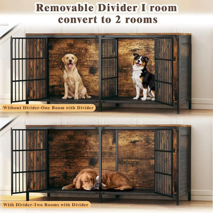 63" Large Double Dog Kennel urniture or 2 Dogs – Extra Sturdy XXL Metal & Wooden Medium Dog Cage with Removable Divider, Dual Do