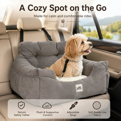 Pet Car Seat Bed for Small Dogs & Cats, Plush Dog Booster Travel Bed with Built-in Tether, Adjustable Car Strap, Soft Supportive Pet Bed for Back Seat, 55 x 50 x 35 cm