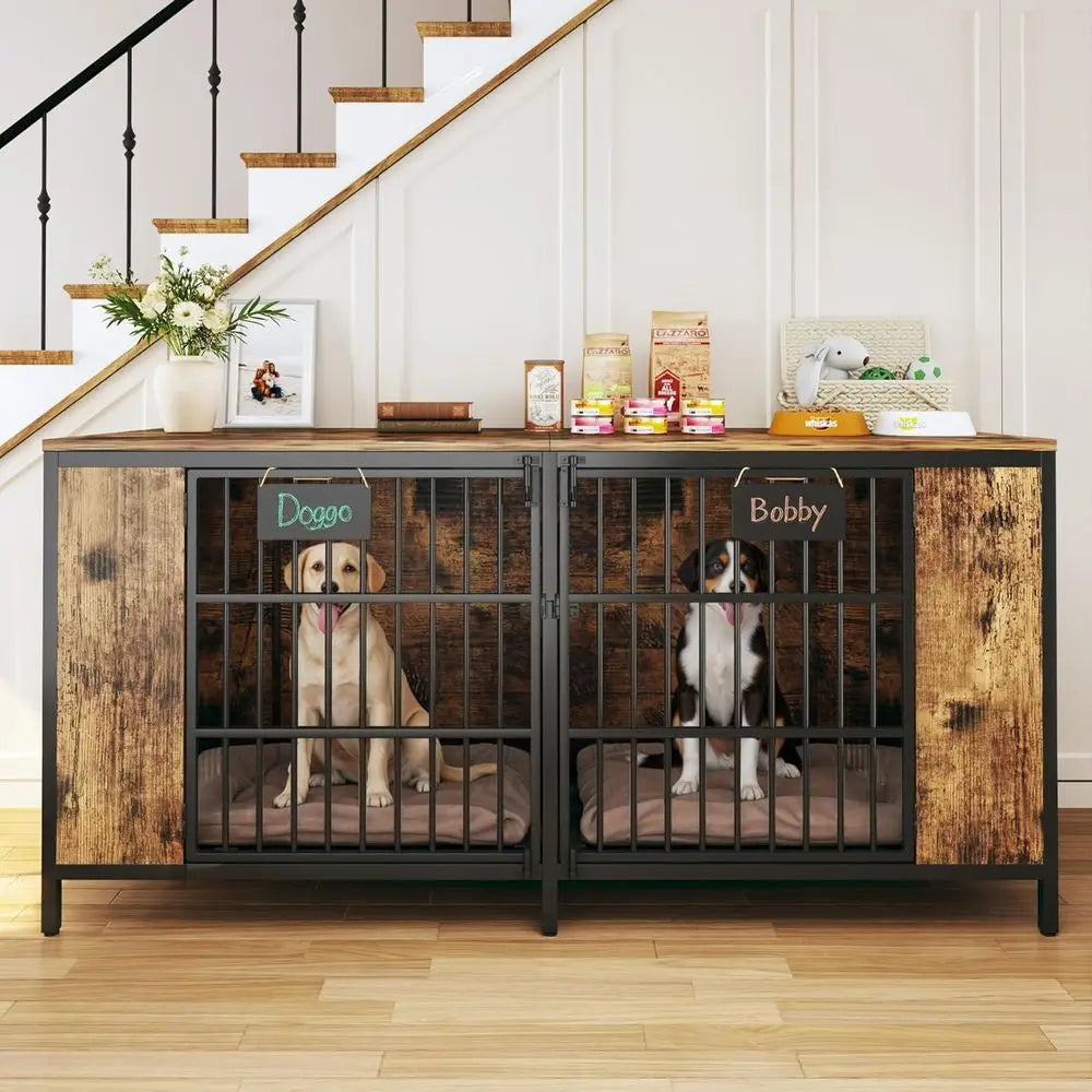 63" Large Double Dog Kennel urniture or 2 Dogs – Extra Sturdy XXL Metal & Wooden Medium Dog Cage with Removable Divider, Dual Do