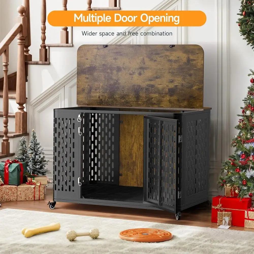 Heavy Duty Dog Crate urniture or Large and Medium Dogs, 43.7 Inch Large Dog Crate Kennel with lip Top & Cushion & Wheels, Ese Pr