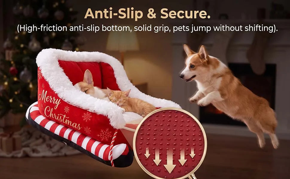 Christmas Dog Bed Sleigh, Santa Themed Calming Pet Sofa with Raised Sides, Soft Plush Winter Dog Sleigh Bed, Washable for Pets (Large)
