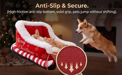 Christmas Dog Bed Sleigh, Santa Themed Calming Pet Sofa with Raised Sides, Soft Plush Winter Dog Sleigh Bed, Washable for Pets (Large)