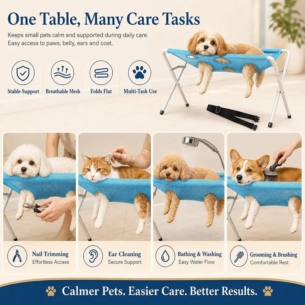 Pet Dog Bath Hammock Cat Shower Grooming Table Hammock with Foldable Stand Breathable Mesh Bathing Drying Table for Nail Trimmin