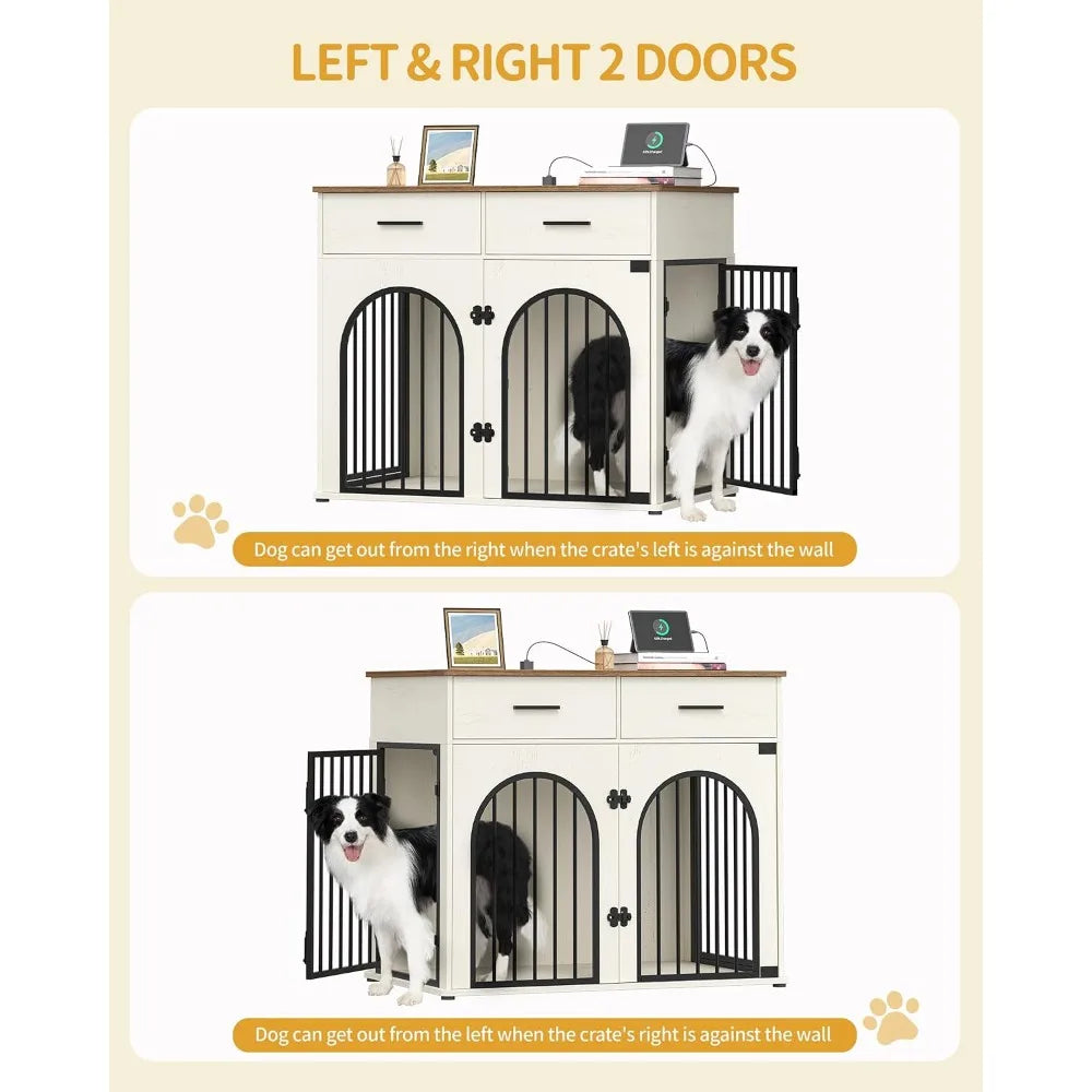 43.3" Dog Crate Furniture with Storage & Power Indoor Kennel for Large Dogs