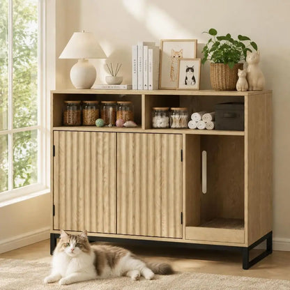 Cat Litter Box Enclosure, Large Hidden Pet Storage Cabinet urniture with Waveorm luted Do& Scratching Pad, ern Wooden Cat House