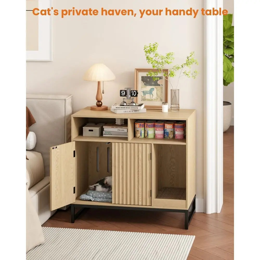 Cat Litter Box Enclosure, Large Hidden Pet Storage Cabinet urniture with Waveorm luted Do& Scratching Pad, ern Wooden Cat House