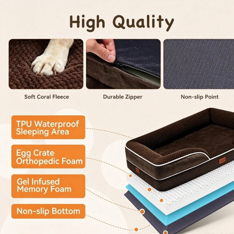 Orthopedic Memory Foam Dog Bed for Small & Medium Dogs 71.12 X 58.22 CM Waterproof Egg Crate Foam Pet Sofa Couch Orthopedic Joint Relief Dog Bed Non Slip Bottom Detachable Machine Washable Cover Brown Pet Sleeping Bed