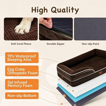 Orthopedic Memory Foam Dog Bed for Small & Medium Dogs 71.12 X 58.22 CM Waterproof Egg Crate Foam Pet Sofa Couch Orthopedic Joint Relief Dog Bed Non Slip Bottom Detachable Machine Washable Cover Brown Pet Sleeping Bed