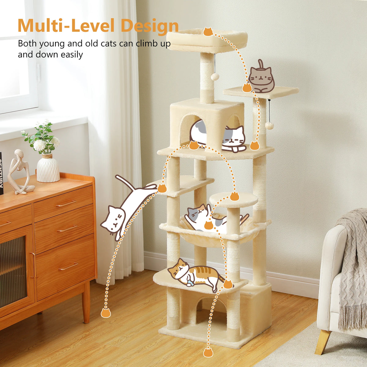 Large Cat Tree and Tower for Indoor Cats With Sisal-Covered Scratching Posts Spacious Hammock Padded Perches and Condos Cat Toys
