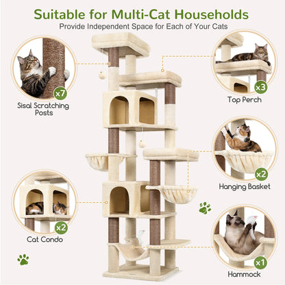 Globlazer 82" Large Cat Tree Tower for Indoor Cats, Multi-Level Cat Climbing Activity Center with 2 Condos, 2 Hammocks, 3 Perches, 8 Sisal Scratching Posts for Multi-Cat Household