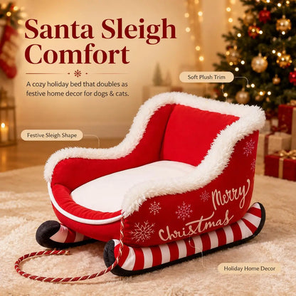 Christmas Dog Bed Sleigh, Santa Themed Calming Pet Sofa with Raised Sides, Soft Plush Winter Dog Sleigh Bed, Washable for Pets (Large)