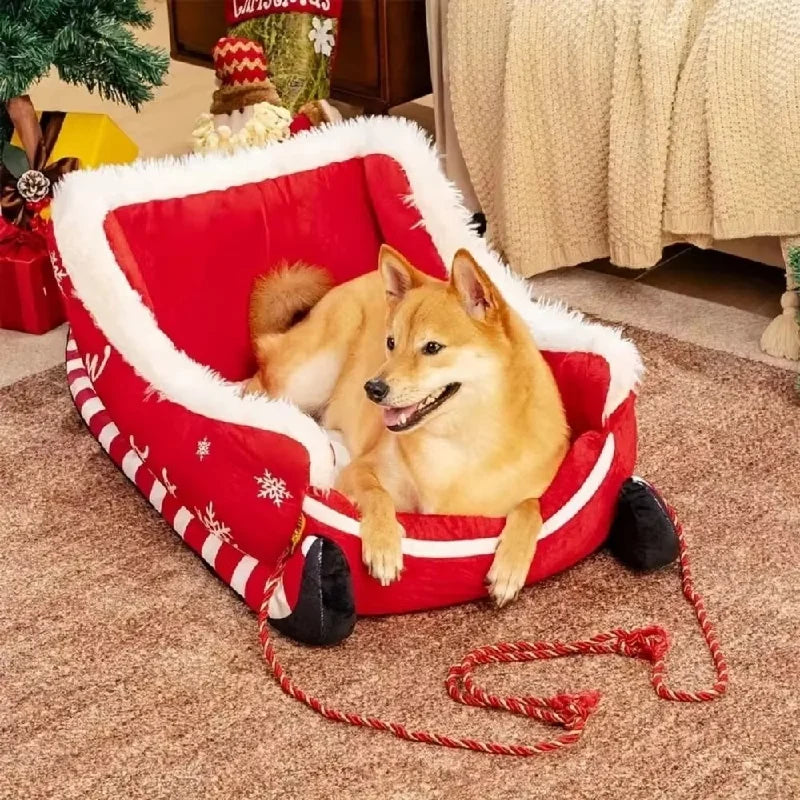 Cozy Christmas Sleigh Pet Bed Removable Washable Cat Dog Nest Non-Slip Bottom Pet Warm Sofa Cat Dog