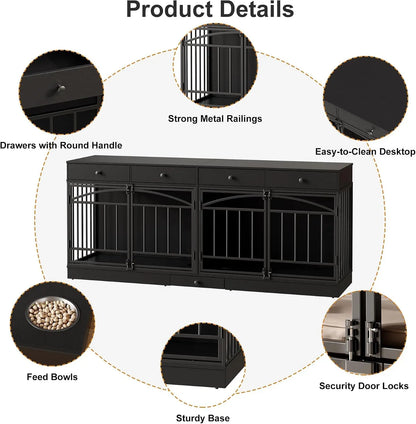 78.7" Dog Crate Furniture for 2 Dogs with 4 Drawers, Black