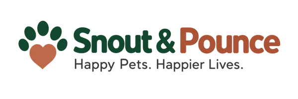 A logo on a white background with the words 'Snout & Pounce' in dark green and rust orange, a paw print and heart icon in rust orange, and the tagline 'Happy Pets. Happier Lives.